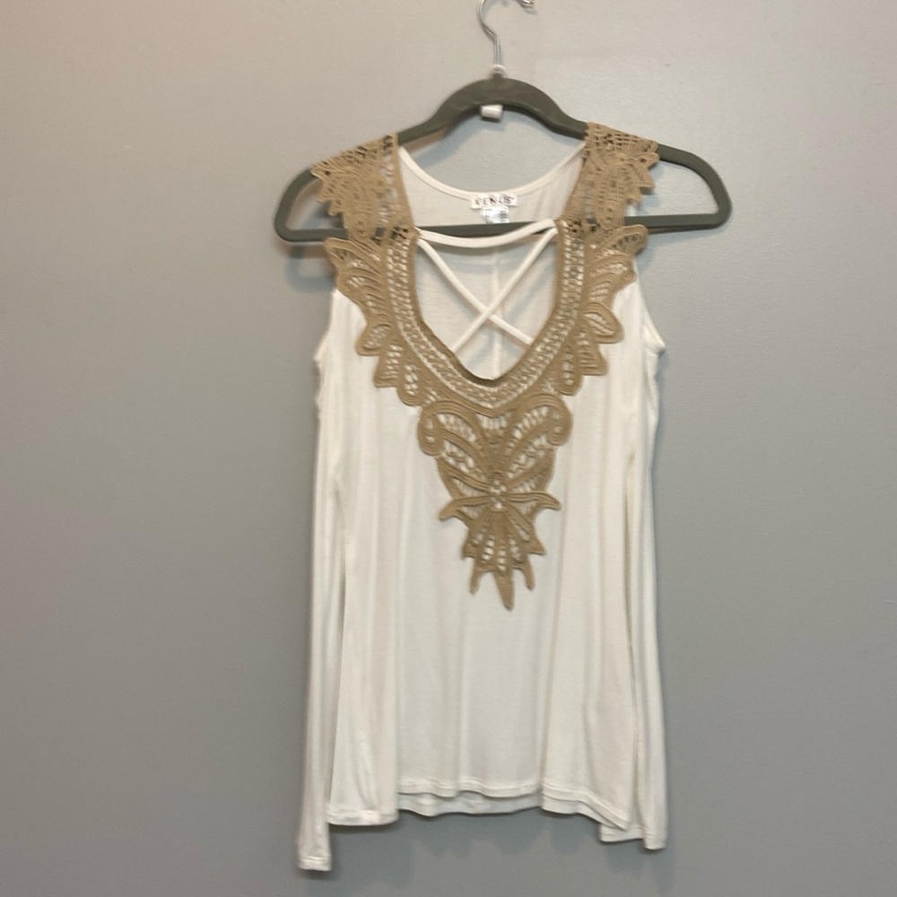 White and tan cold shoulder knit top never worn